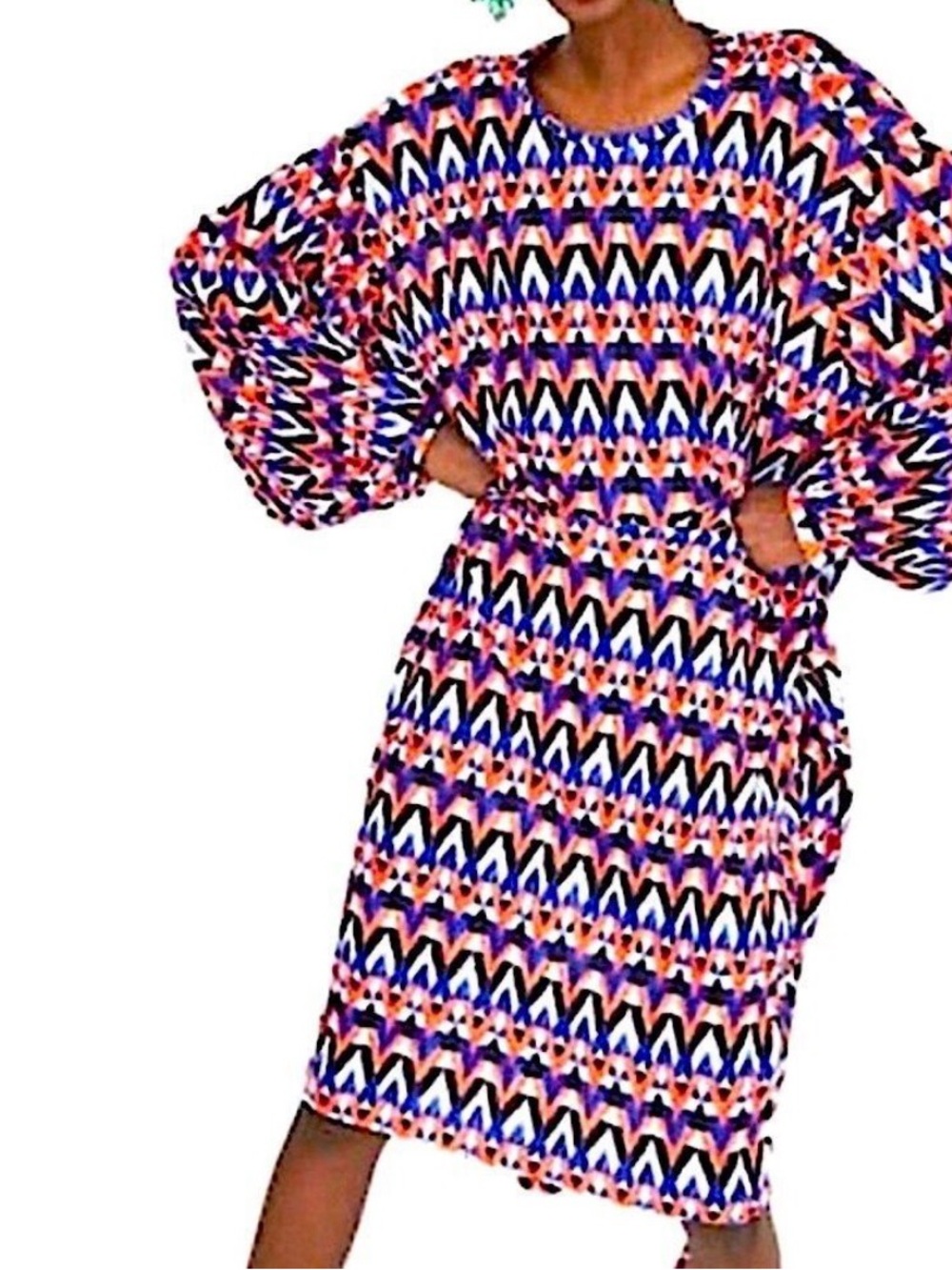 Zara print tie-front or back dress. Blue, orange, black geometric patterns